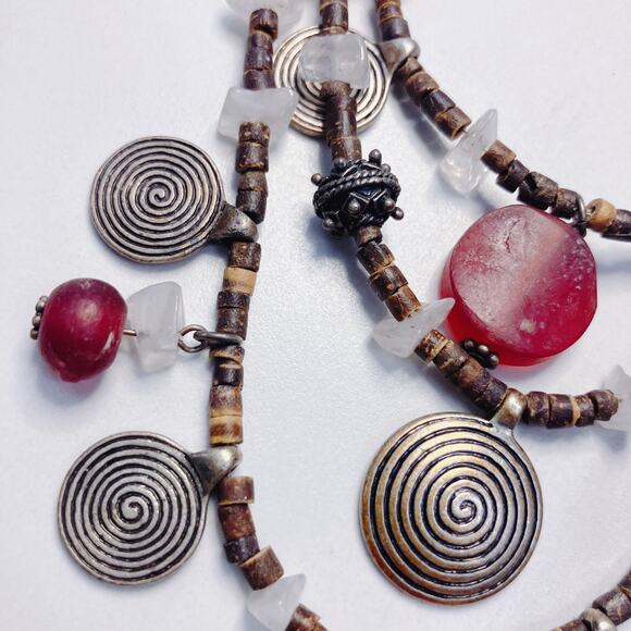 Tribal Multi-Strand Necklace Red Glass Spiral Charms Beaded Boho Statement, Y2K - Picture 5 of 7